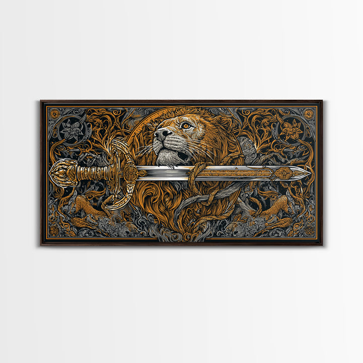 Gold Lion with Ornate Sword, Surrounded by Floral Designs, Wood Framed Map Wall Art for Strength and Courage Symbolism