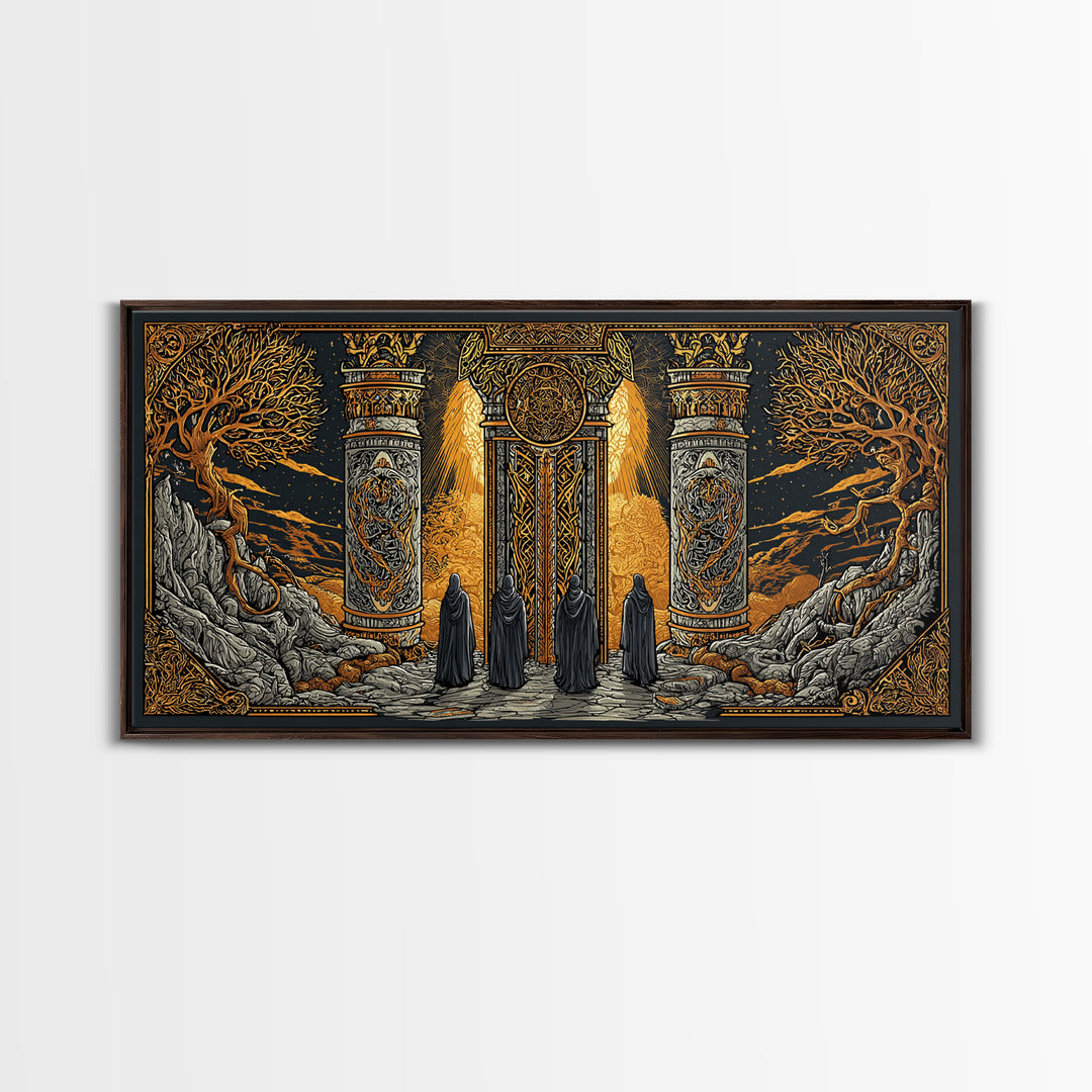 Gold Fantasy Portal Artwork, Glowing Pillars and Trees, Wood Framed Map Wall Décor for Magical and Epic Settings