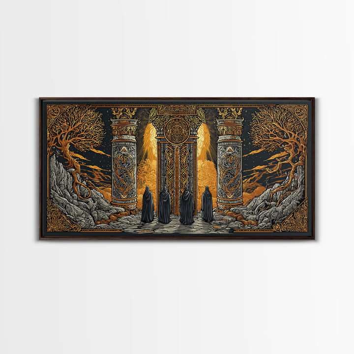Gold Fantasy Portal Artwork, Glowing Pillars and Trees, Wood Framed Map Wall Décor for Magical and Epic Settings