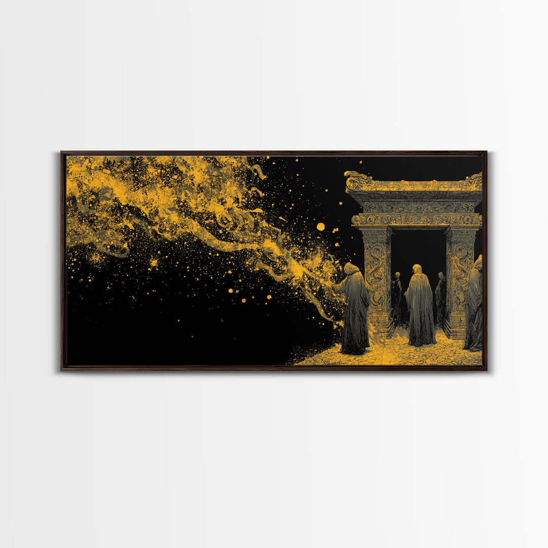 Gold Ancient Gate Scene, Robed Figures and Ornate Carvings, Wood Framed Map Wall Art for Mystery and Fantasy Lovers