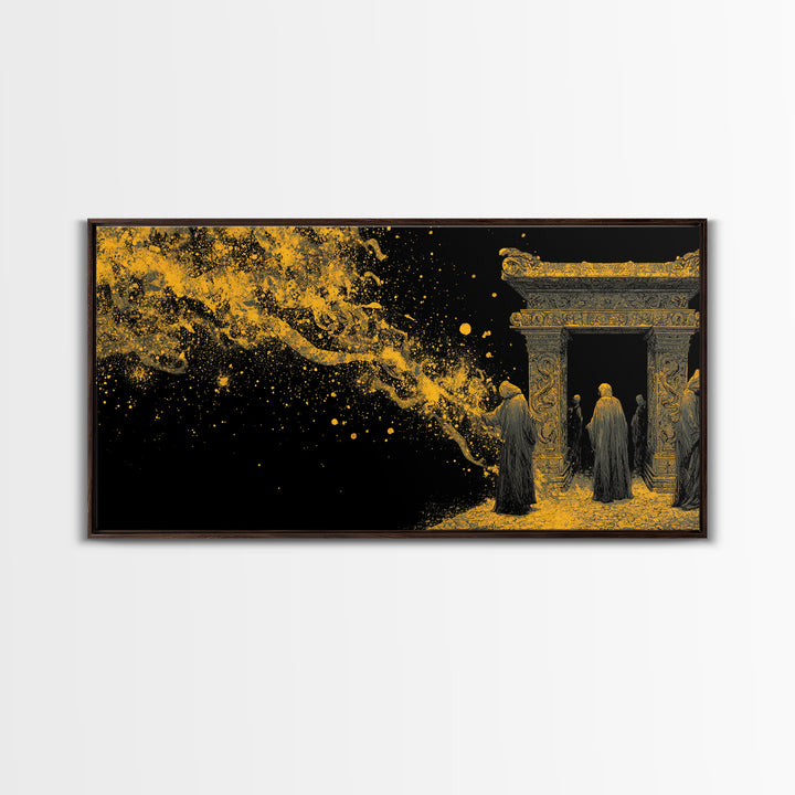 Gold Ancient Gate Scene, Robed Figures and Ornate Carvings, Wood Framed Map Wall Art for Mystery and Fantasy Lovers