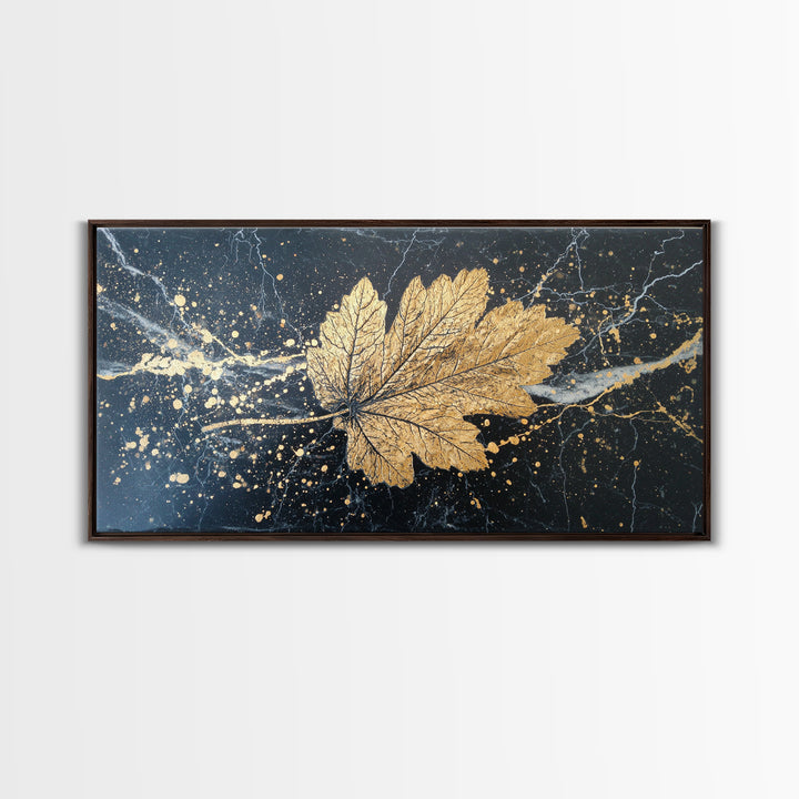 Golden Maple Leaf On Black, Gold Canvas Art, Real Wood Frame, Splatter Style, Nature Wall Decor, Leaf Print