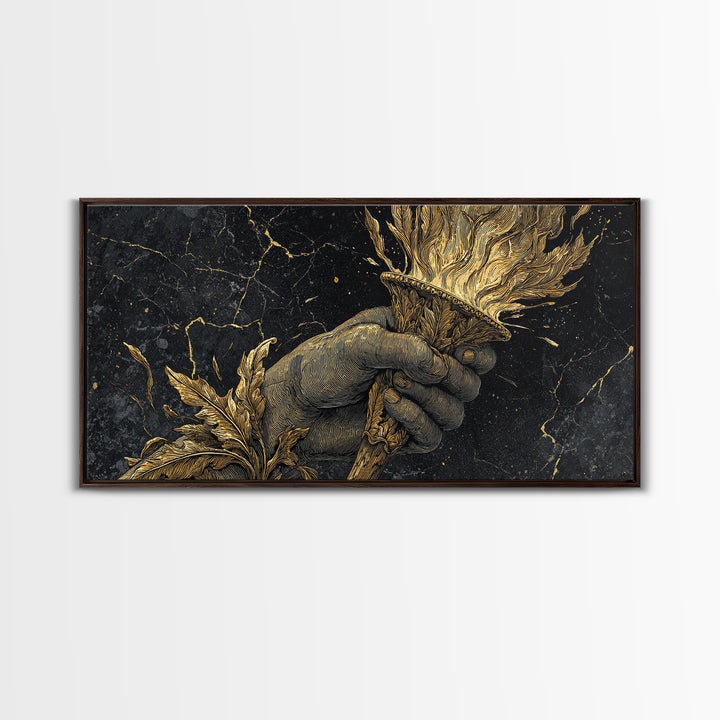 Gold Torch of Triumph Print, Detailed Hand and Flame, Wood Framed Map Wall Décor for Victory and Inspiration Themes