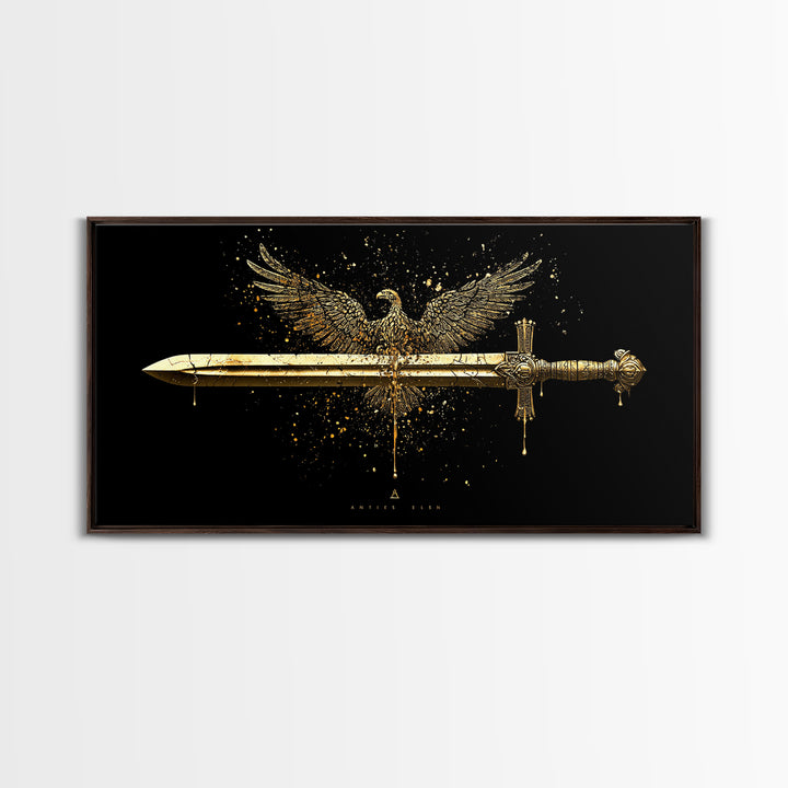 Gold Eagle and Sword Artwork, Splatter Effect Style, Wood Framed Map Wall Art for Power and Freedom Symbolism