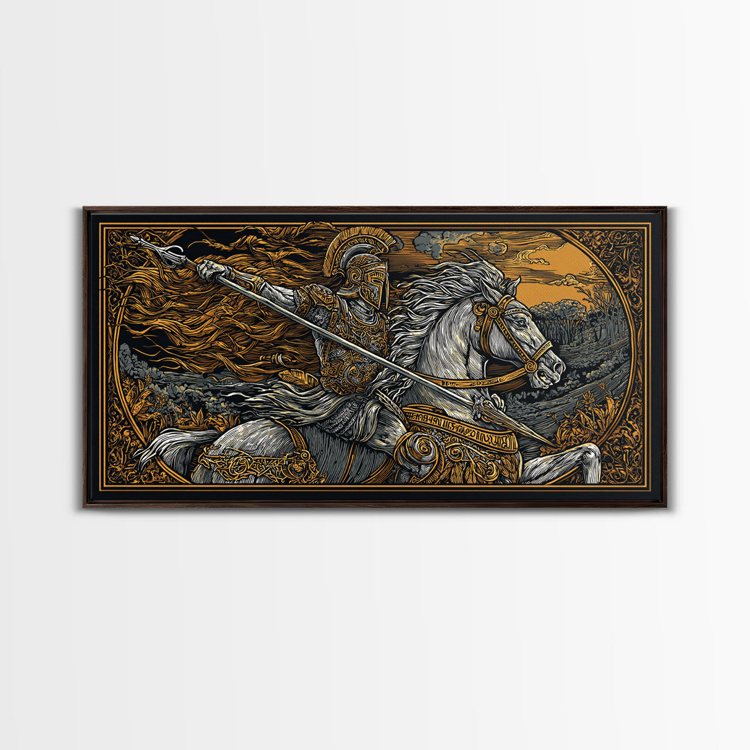 Gold Canvas Print Spartan Warrior on Horseback, Flowing Mane and Spear, Wood Framed Map Wall Art, Ancient Battle, History Lovers