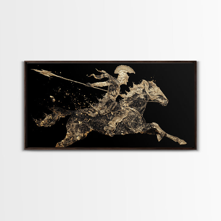Gold Canvas Art Spartan Rider Silhouette, Splatter Effect Spear Charge, Wood Framed Map Wall Décor, Historical and Warrior-Themed Spaces