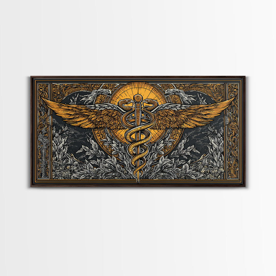 Gold Canvas Art Caduceus Symbol with Wings and Serpents, Ornate Frame, Wood Framed Map Wall Décor for Medical and Healing Symbolism Fans