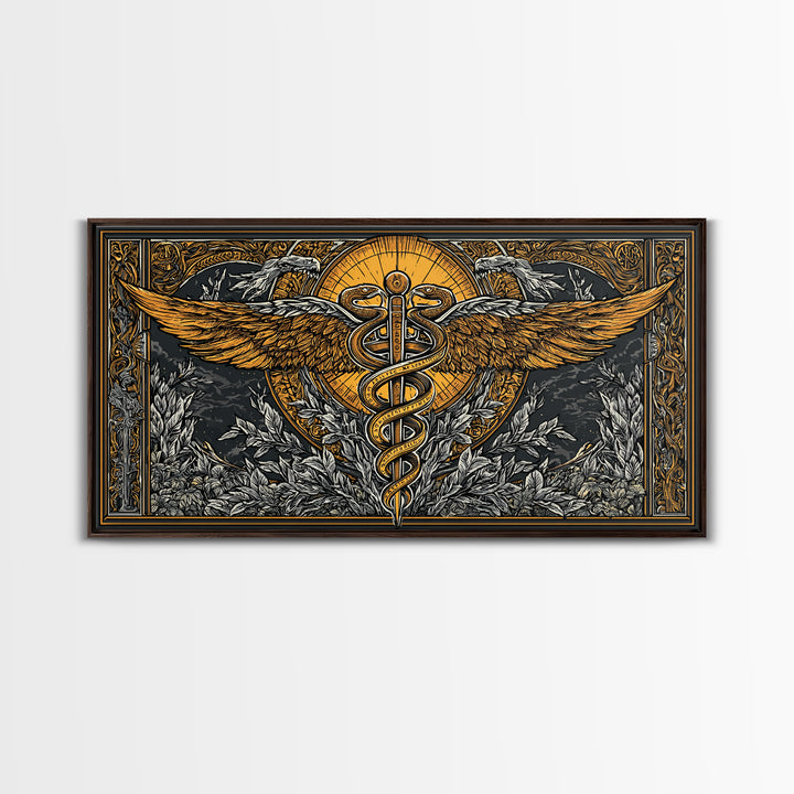 Gold Canvas Art Caduceus Symbol with Wings and Serpents, Ornate Frame, Wood Framed Map Wall Décor for Medical and Healing Symbolism Fans