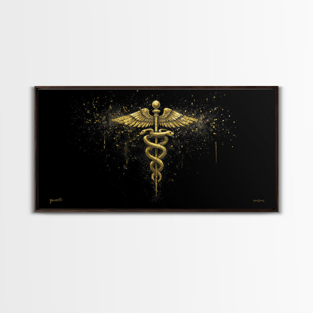 Gold Canvas Art Caduceus Medical Symbol, Splatter Background Art Style, Wood Framed Map Wall Décor for Healthcare, Classical Symbol Lovers