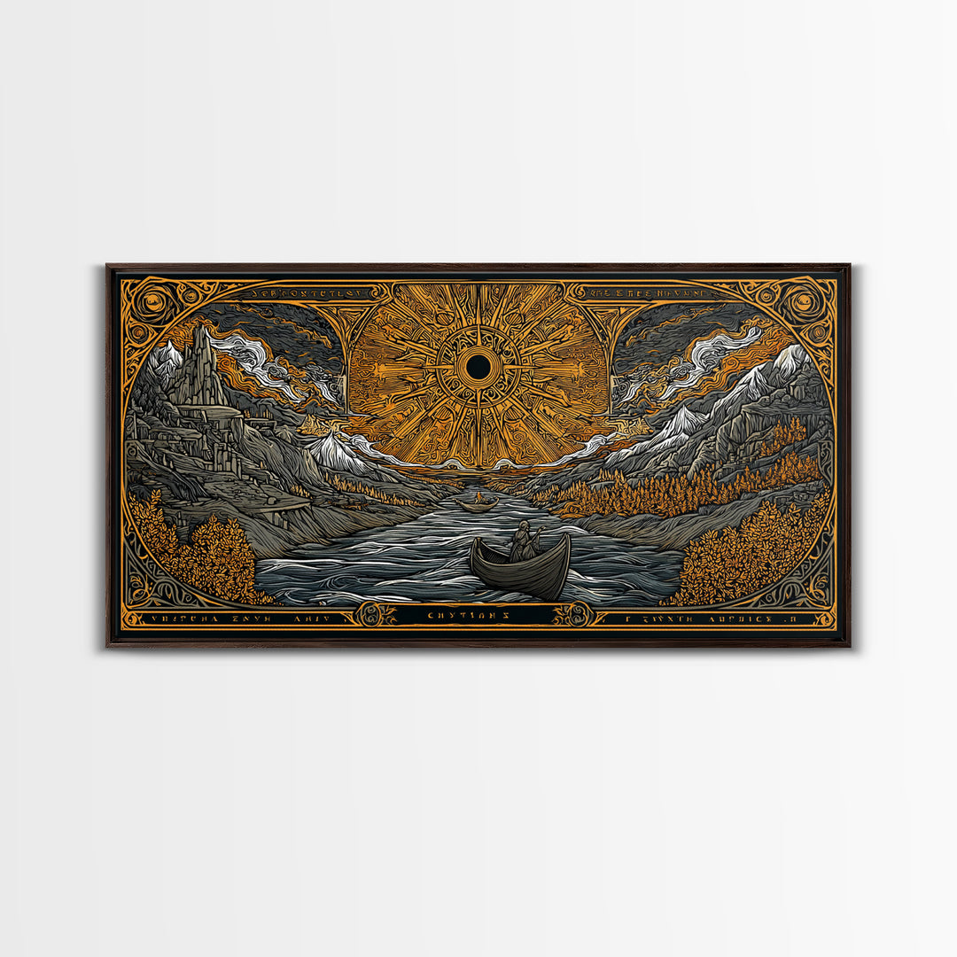 Gold Canvas Print Solar Eclipse Over Mountain Valley, Rowboats and Figures, Wood Framed Map Wall Art for Fantasy and Celestial Lovers