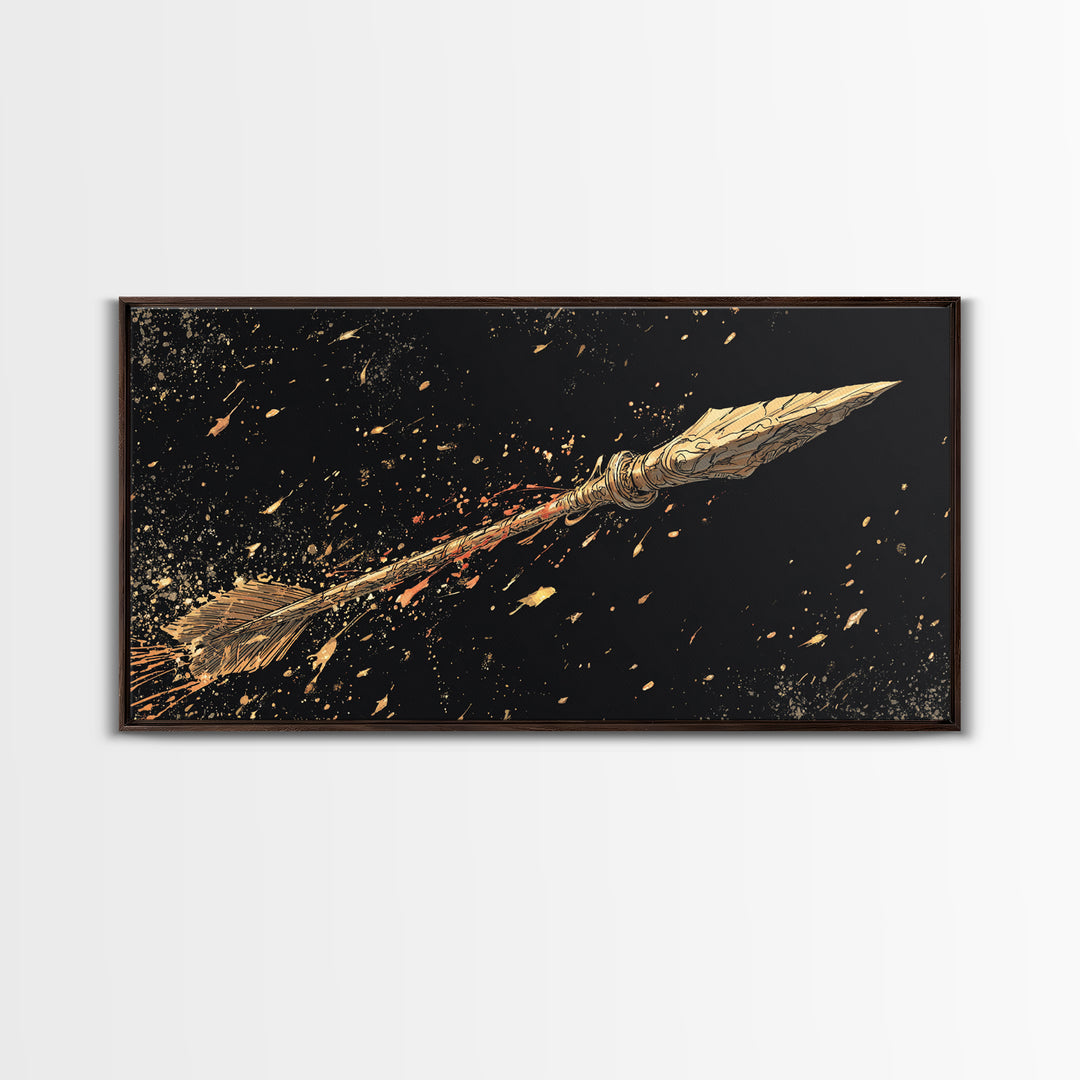 Golden Spear In Flight, Gold Canvas Print, Real Wood Frame, Dynamic Weapon Art, Mythology Inspired Wall Decor