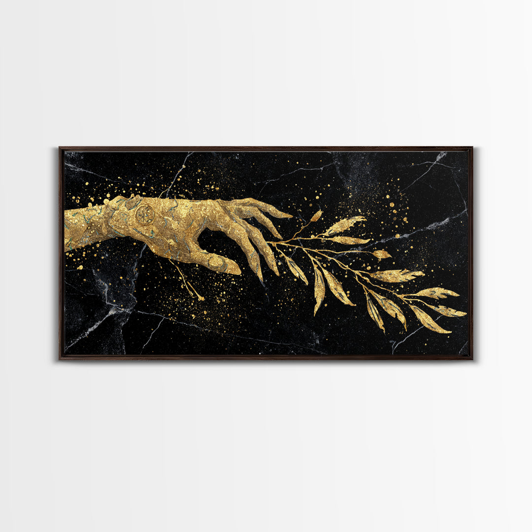 Gold Canvas Print Hand Offering Olive Branch, Splatter Art Marble Texture, Wood Framed Map Wall Art for Peace and Nature Symbolism