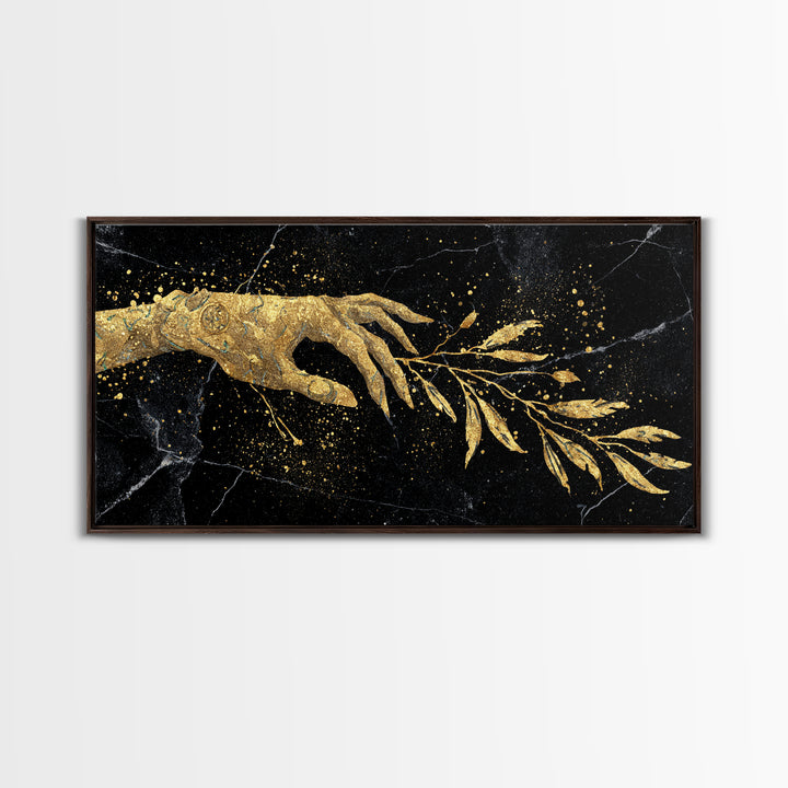 Gold Canvas Print Hand Offering Olive Branch, Splatter Art Marble Texture, Wood Framed Map Wall Art for Peace and Nature Symbolism