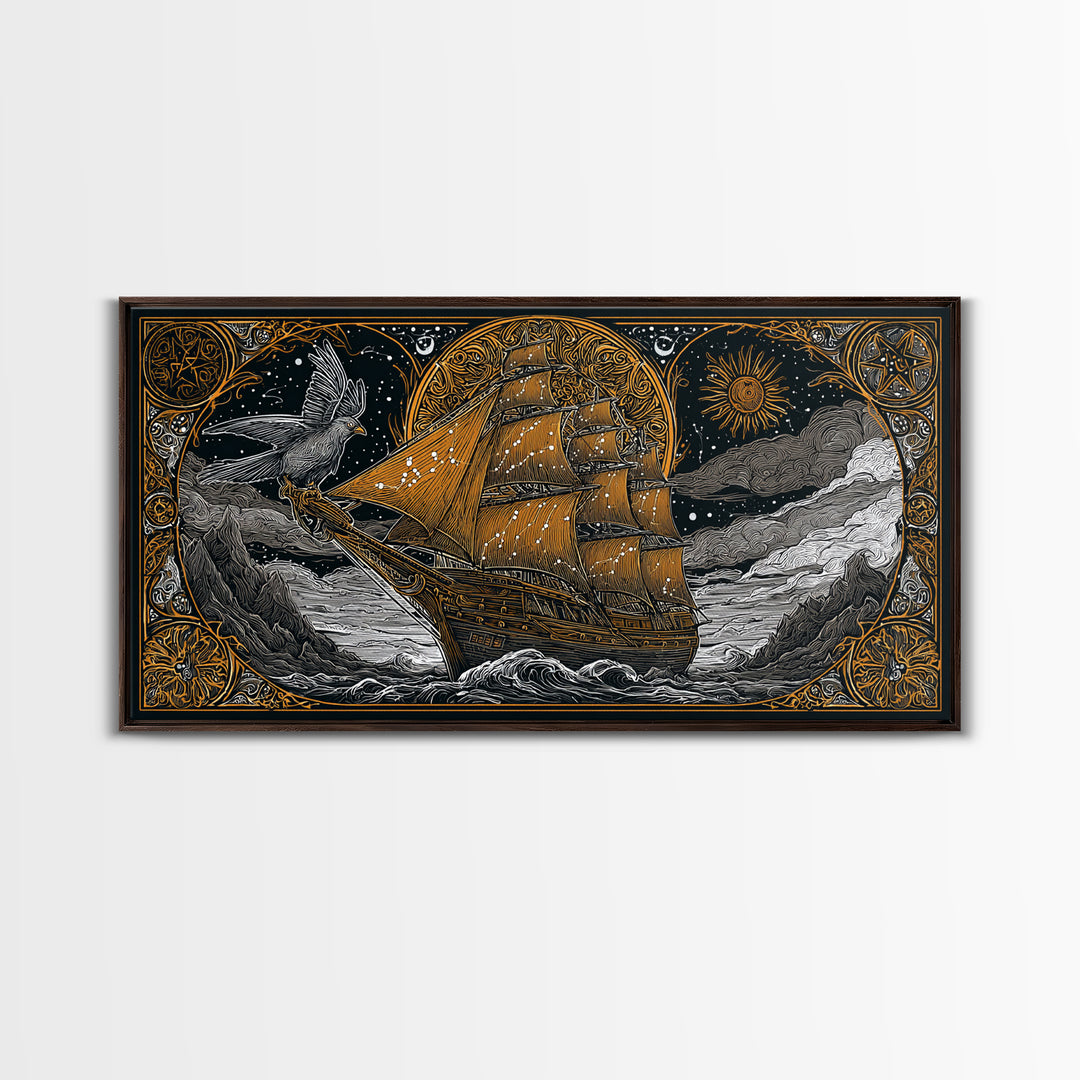 Gold Canvas Art Sailing Ship with Raven Figurehead, Starry Night and Waves, Wood Framed Map Wall Décor, Nautical and Mythic Voyage Lovers