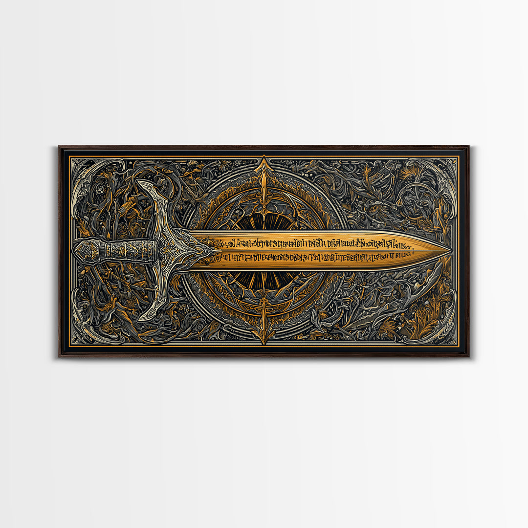 Gold Canvas Print of Ornate Sword and Compass Design, Engraved Blade and Decorative Frame, Wood Framed Map Wall Décor
