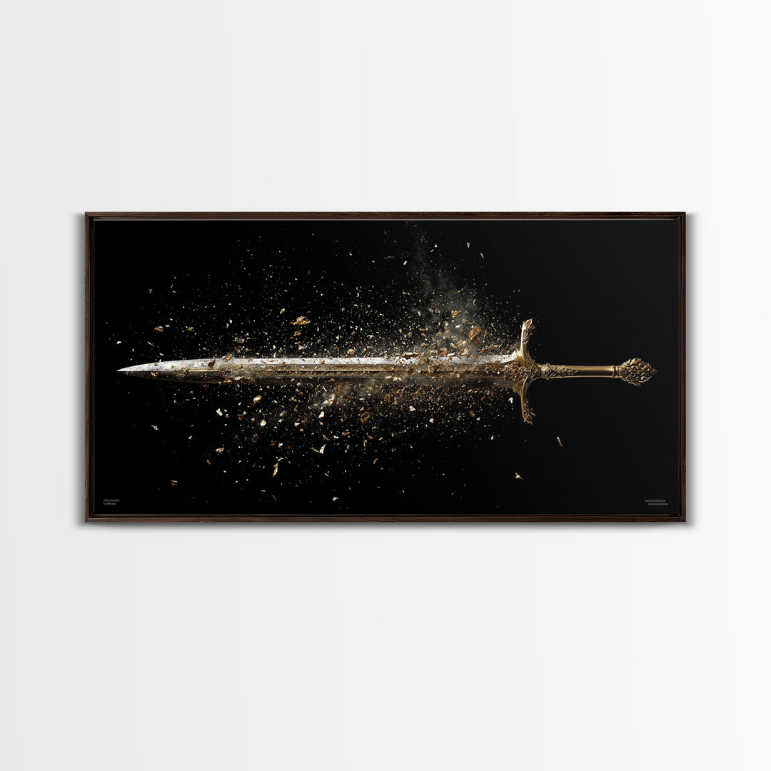 Gold Canvas Art of Shattering Sword in Mid-Air, Detailed Blade Explosion and Dark Background, Wood Framed Map Wall Art Display