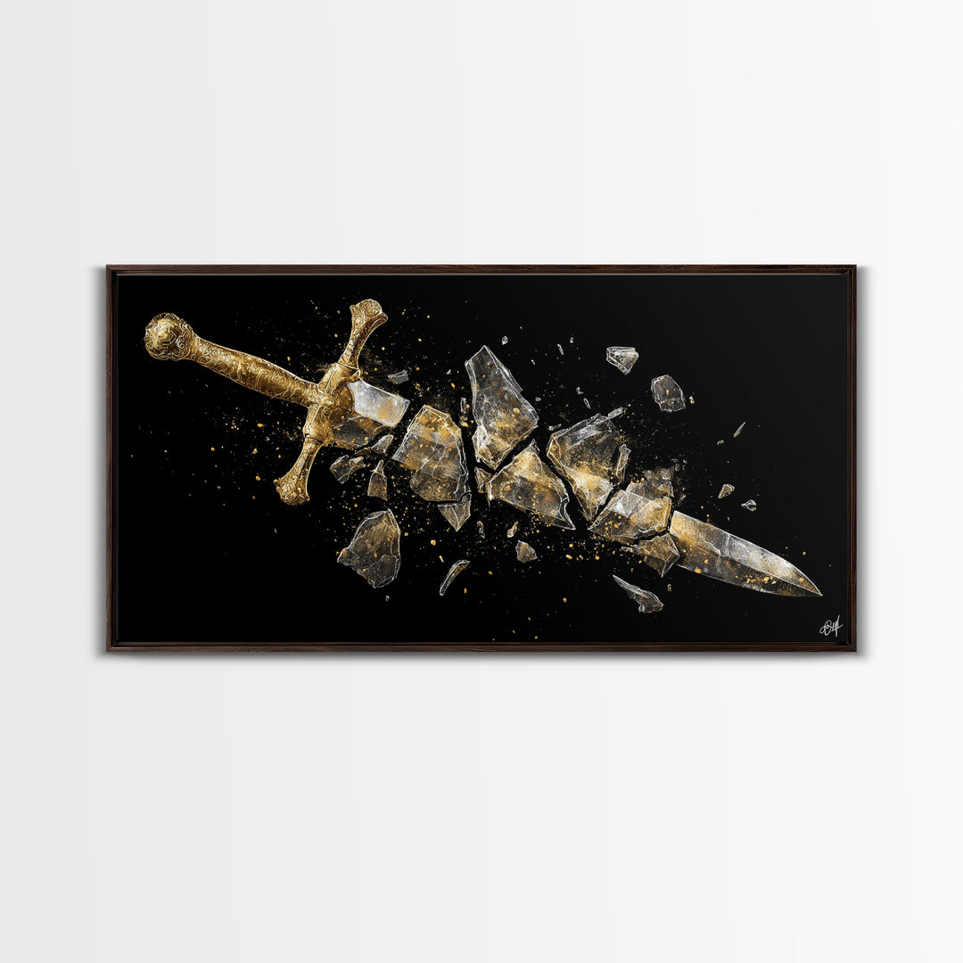 Gold Canvas Print of Broken Sword in Fragments, Detailed Golden Hilt and Blade Shards, Wood Framed Map Wall Décor Accent