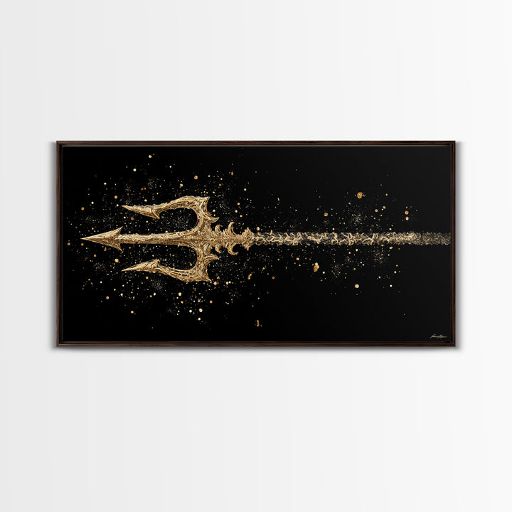 Gold Canvas Art of Decorative Trident in Motion, Splatter Effect on Black Background, Wood Framed Map Wall Art for Nautical Themes