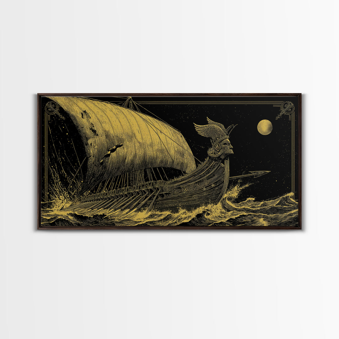 Gold Canvas Print of Ancient Greek Warship at Sea, Detailed Engraving Style and Waves, Wood Framed Map Wall Art for History