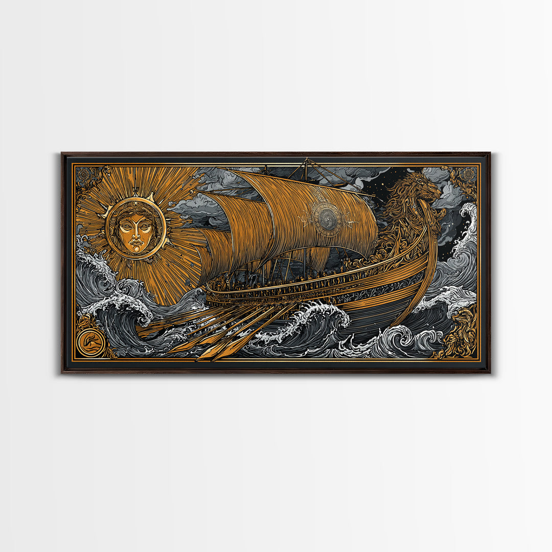 Gold Canvas Art of Sun and Ship Scene, Lion Figurehead and Ocean Waves, Detailed Decorative Style, Wood Framed Map Wall Décor