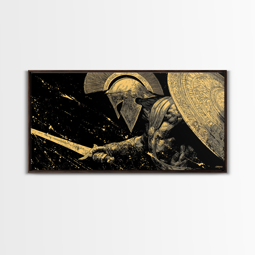 Gold Canvas Print of Spartan Warrior in Battle Pose, Detailed Shield and Sword, Splatter Background, Wood Framed Map Wall Art