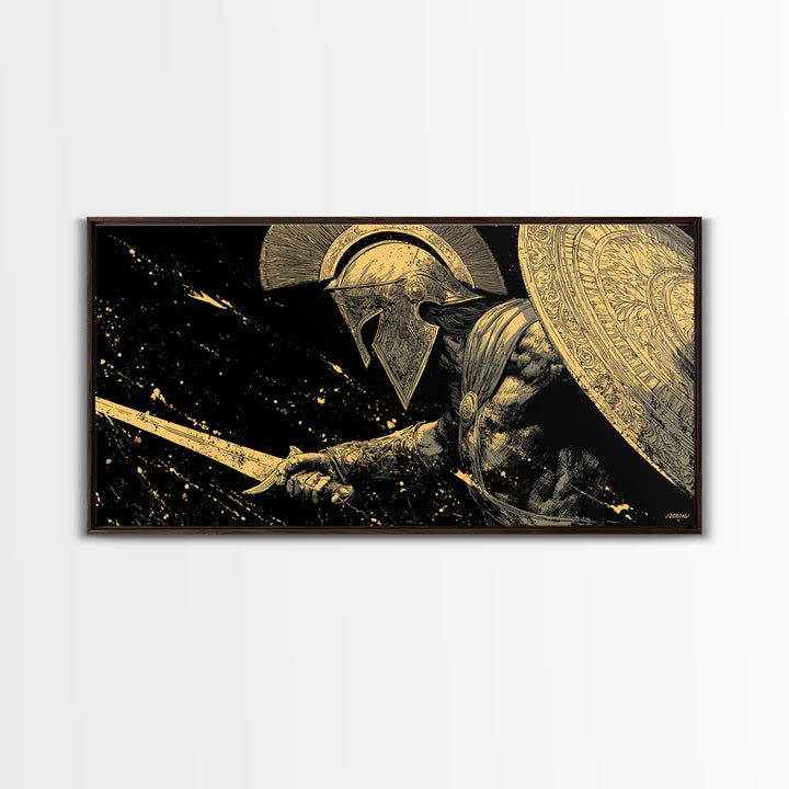 Gold Canvas Print of Spartan Warrior in Battle Pose, Detailed Shield and Sword, Splatter Background, Wood Framed Map Wall Art