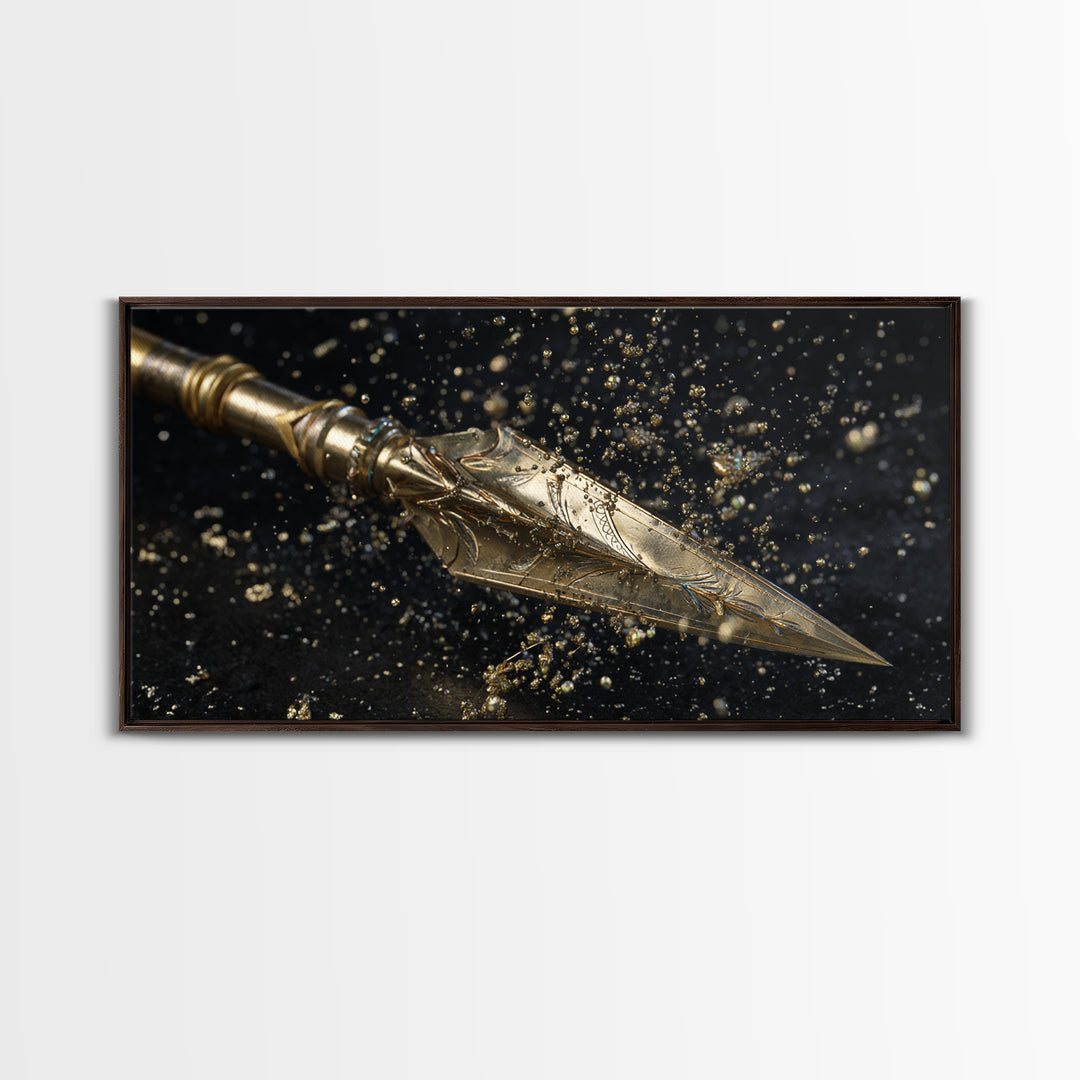 Ornate Golden Spearhead, Gold Canvas Art, Real Wood Frame, Close-Up Weapon Detail, Mythology Inspired Wall Decor