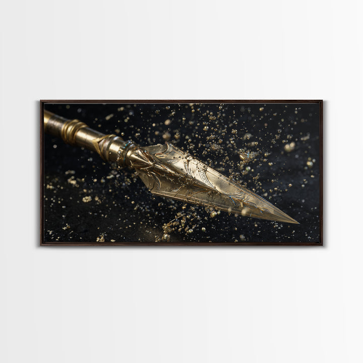 Ornate Golden Spearhead, Gold Canvas Art, Real Wood Frame, Close-Up Weapon Detail, Mythology Inspired Wall Decor