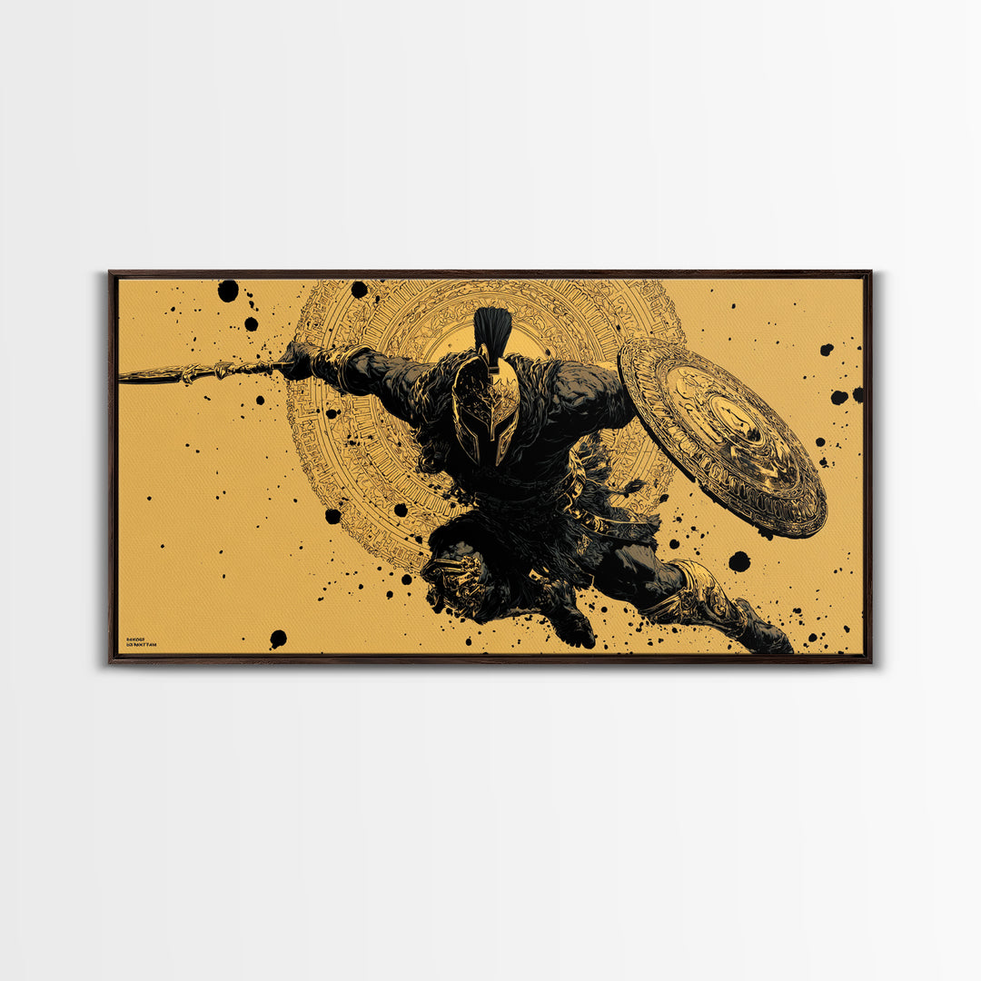 Gold Canvas Art of Spartan Soldier Leaping Forward with Spear and Shield, Decorative Armor and Mandala, Wood Framed Map Wall Décor