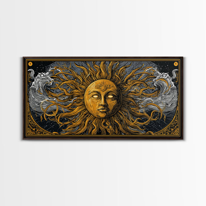 Gold Canvas Print of Sun Face with Flowing Hair and Ocean Waves, Detailed Mythological Design, Wood Framed Map Wall Décor
