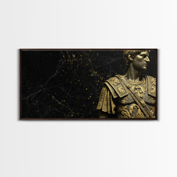 Ancient Roman Emperor Statue Gold Canvas Print, Luxurious Black Marble Background, Classical Warrior Art, Regal Home Decor