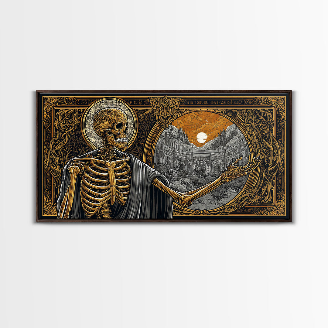Skeleton Pointing to Ancient Arena Gold Canvas Art, Gothic Medieval Scene, Ornate Frame Design, Dark Fantasy Wall Decor