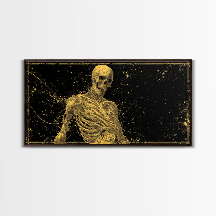 Golden Anatomical Skeleton on Black Starfield Gold Canvas Print, Macabre Anatomy Illustration, Gothic Horror Home Art