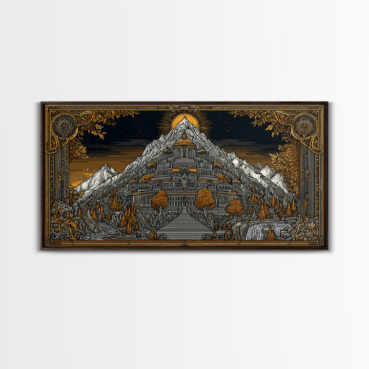 Mythical Mountain Fortress Gold Canvas Art, Grand Palace in Majestic Peaks, Fantasy Landscape Illustration, Epic Home Wall Decor