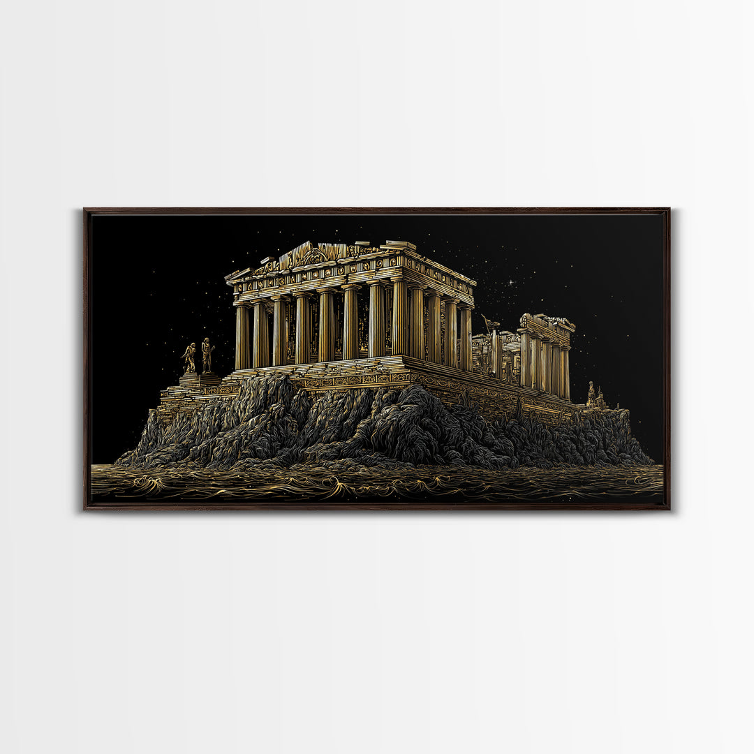 Ancient Greek Temple on Rocky Shore Gold Canvas Print, Classical Architecture Illustration, Historic Landmark Wall Art
