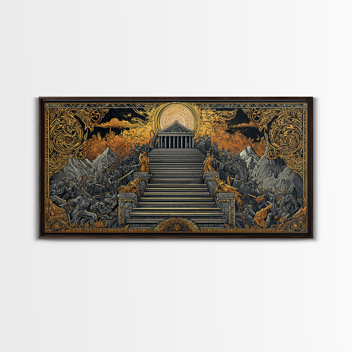 Mythic Battle at Temple Stairs Gold Canvas Art, Epic Fantasy Scene, Heroic Warriors and Gods, Dramatic Home Wall Decor