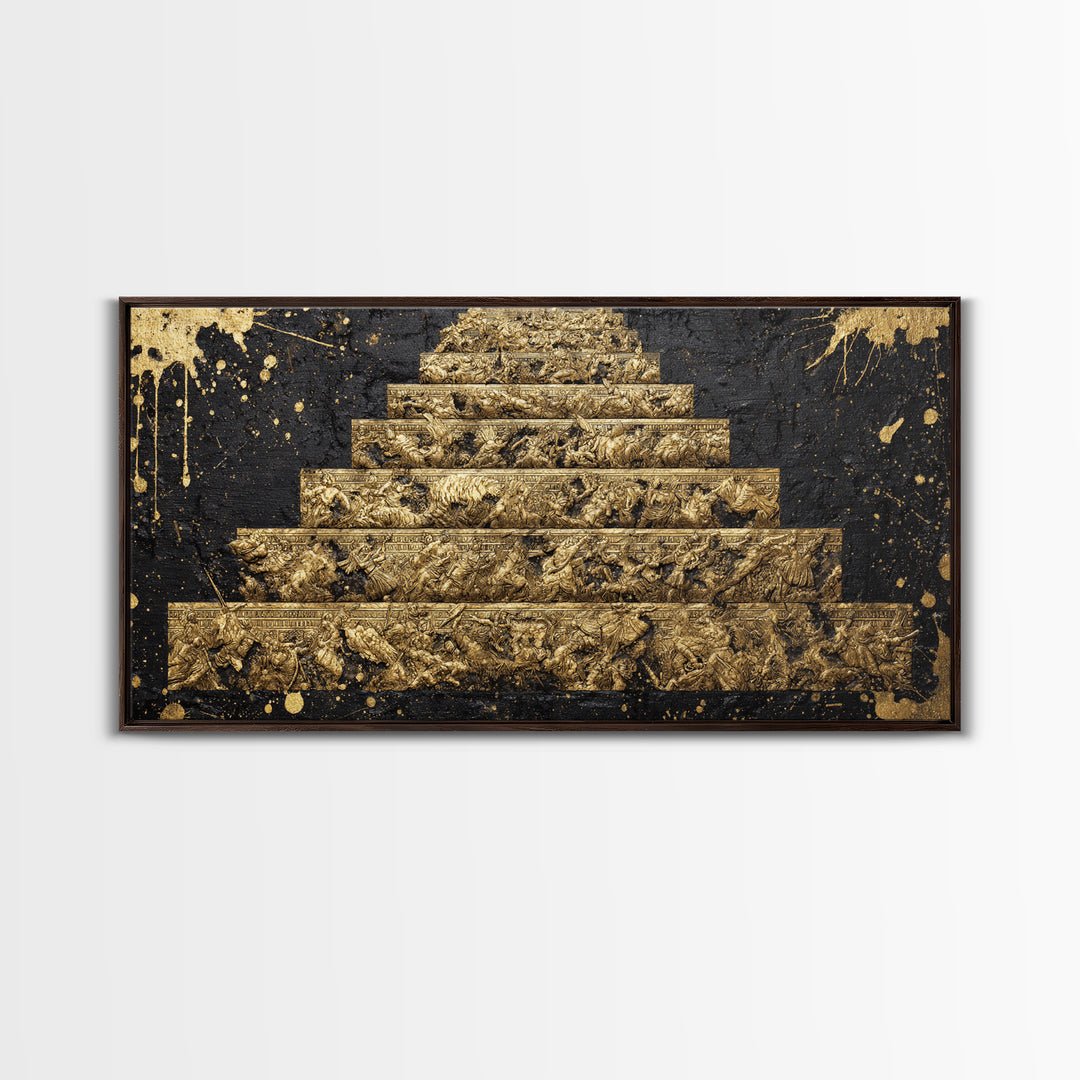 Ancient War Scene on Pyramid Steps Gold Canvas Print, Historic Battle Relief Sculpture, Regal Classical Home Art