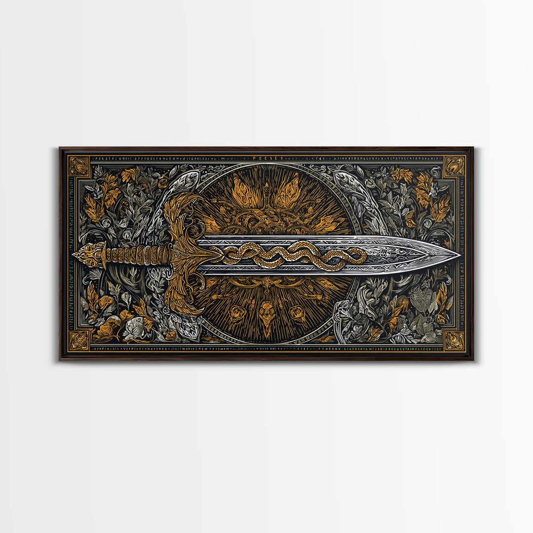 Intricate Sword with Serpent Design Gold Canvas Art, Fantasy Weapon Illustration, Ornate Blade Wall Decor for Collectors