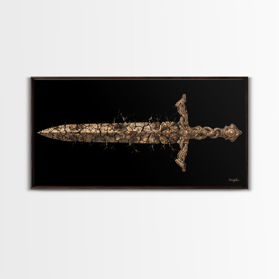 Cracked Ancient Sword Gold Canvas Print, Legendary Fantasy Weapon, Weathered Epic Blade, Gothic Home Wall Art