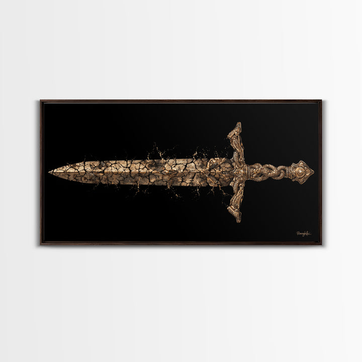 Cracked Ancient Sword Gold Canvas Print, Legendary Fantasy Weapon, Weathered Epic Blade, Gothic Home Wall Art