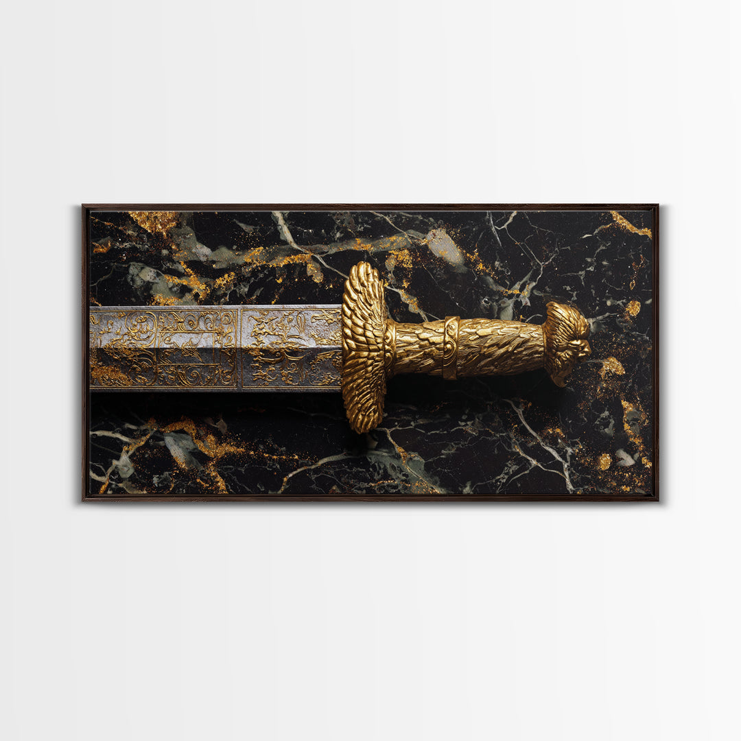 Golden Sword Hilt with Lion Design Gold Canvas Art, Ornate Weapon Photography, Luxurious Warrior Decor, Classical Battle Theme