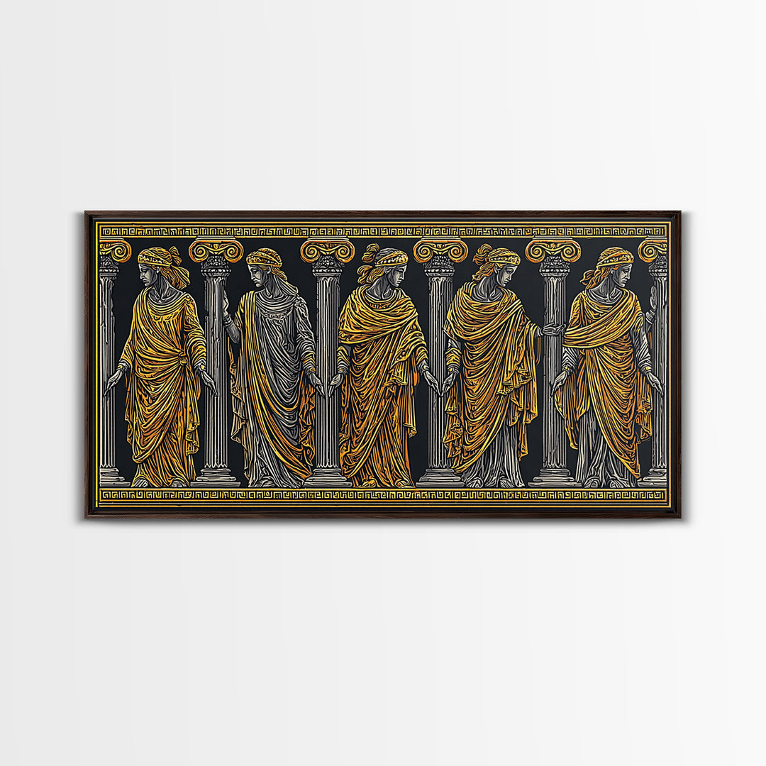 Ancient Greek Caryatid Columns, Detailed Architecture Wall Decor, Gold Canvas Print, Classical Sculpture Artwork