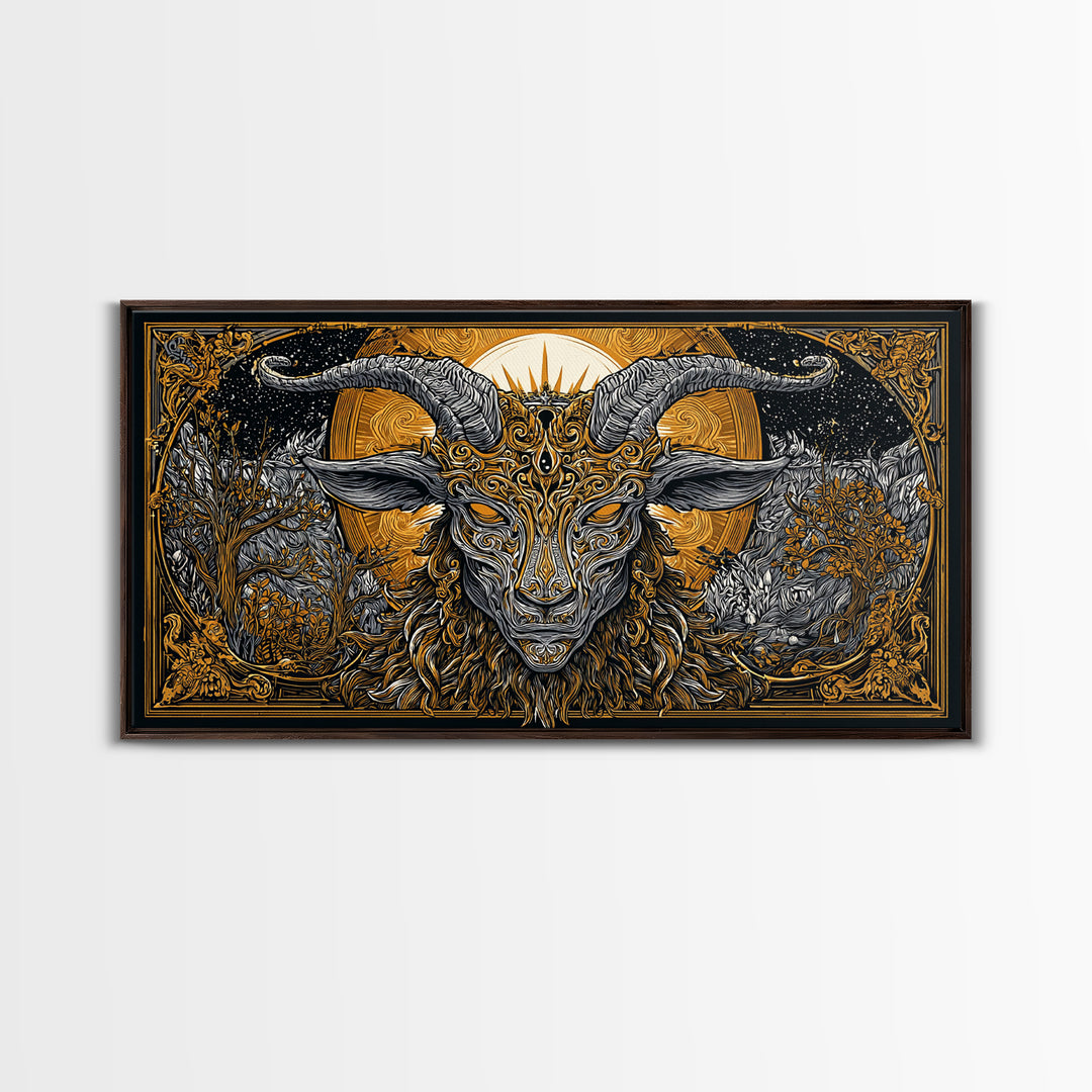 Mythical Goat Head Artwork, Intricate Horned Beast Design, Gold Canvas Art, Fantasy Wall Decor, Dark Gothic Illustration