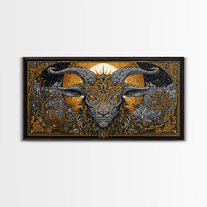 Mythical Goat Head Artwork, Intricate Horned Beast Design, Gold Canvas Art, Fantasy Wall Decor, Dark Gothic Illustration