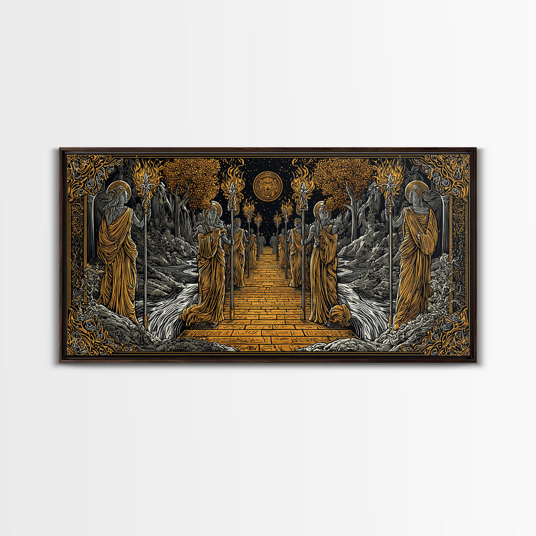 Greek Torchbearer Pathway Scene, Mythic Procession Illustration, Gold Canvas Art, Ancient Greece Wall Decor, Temple Artwork