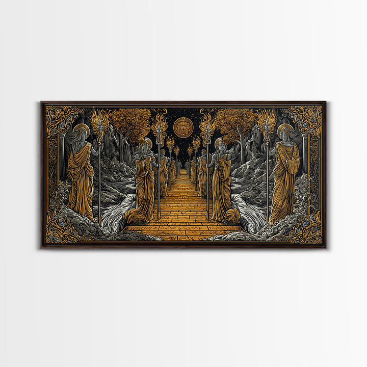 Greek Torchbearer Pathway Scene, Mythic Procession Illustration, Gold Canvas Art, Ancient Greece Wall Decor, Temple Artwork