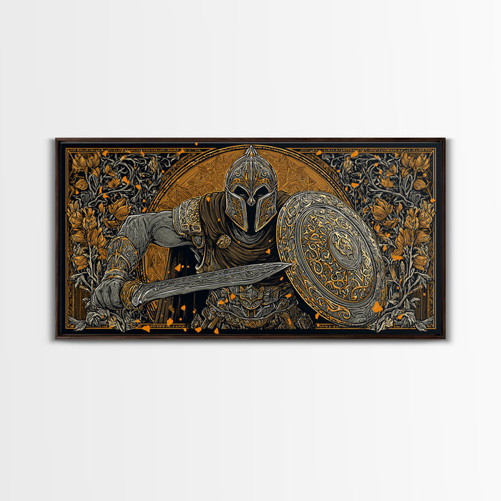 Ancient Greek Warrior With Sword And Shield, Intricate Armor Design, Gold Canvas Print, Classical Battle Wall Art