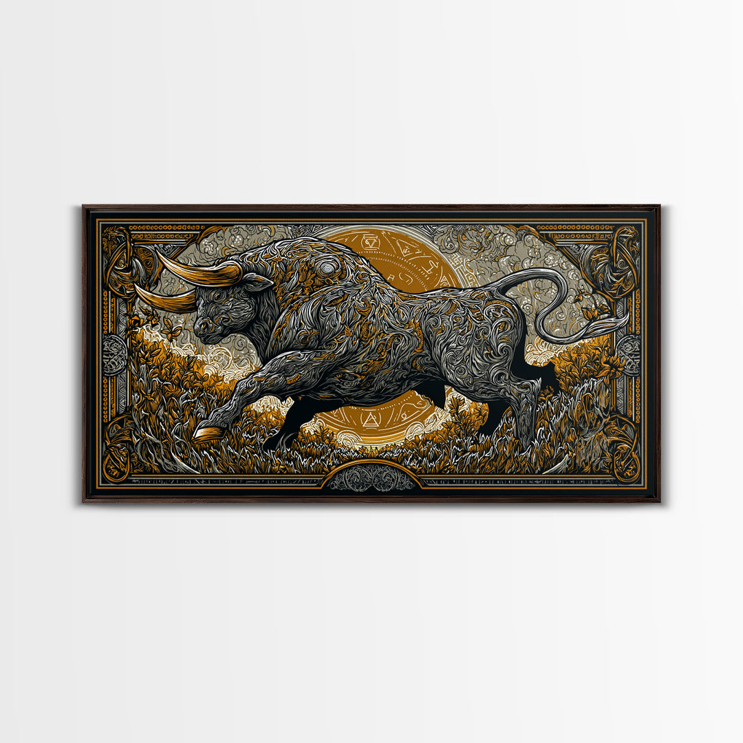 Golden Bull In Ornate Frame, Gold Canvas Art, Real Wood Frame, Symbolic Animal Wall Decor, Strength And Power