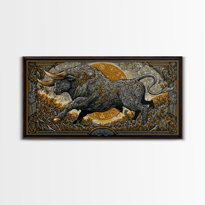 Golden Bull In Ornate Frame, Gold Canvas Art, Real Wood Frame, Symbolic Animal Wall Decor, Strength And Power