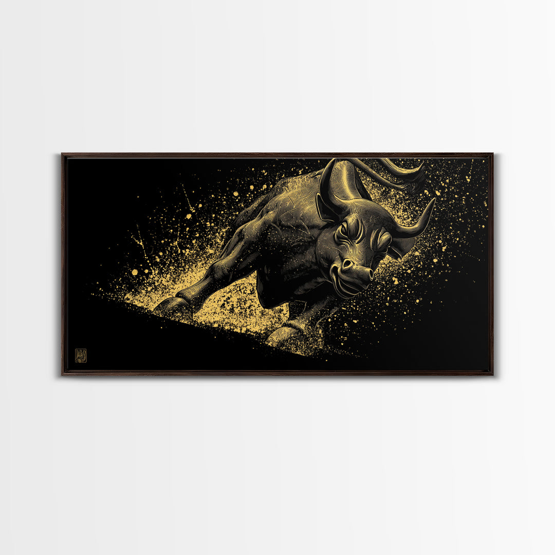 Charging Golden Bull, Gold Canvas Print, Real Wood Frame, Dynamic Animal Wall Art, Powerful Bull Illustration